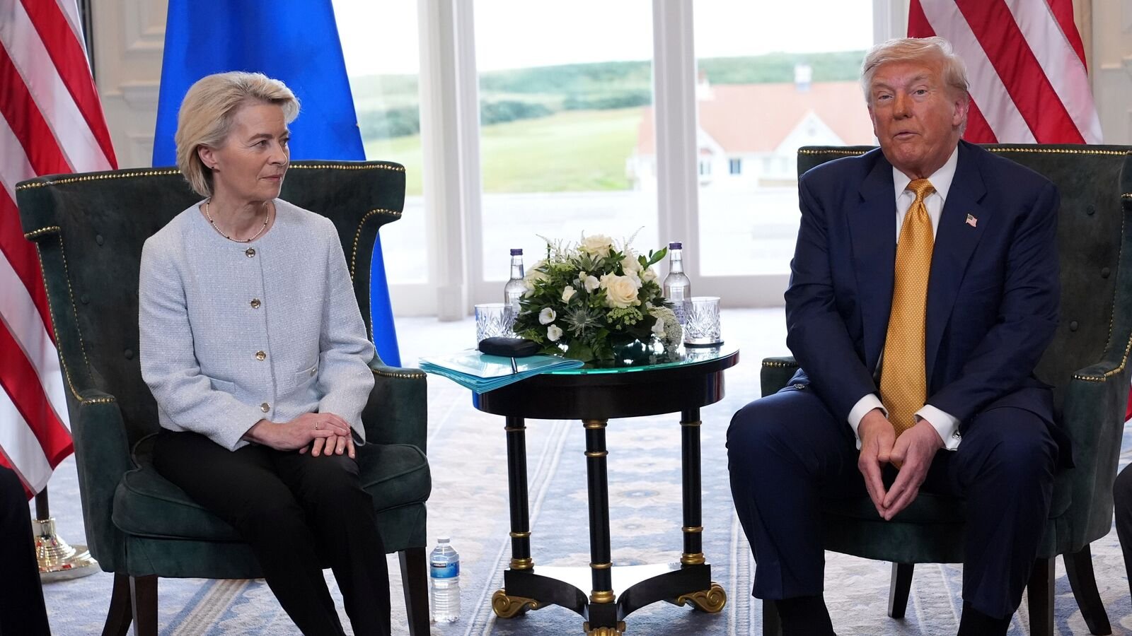 President Donald Trump meets European Commission President Ursula von der Leyen for bilateral talks at the Trump Turnberry golf course in Turnberry, Scotland Sunday, July 27, 2025. (AP Photo/Jacquelyn Martin)