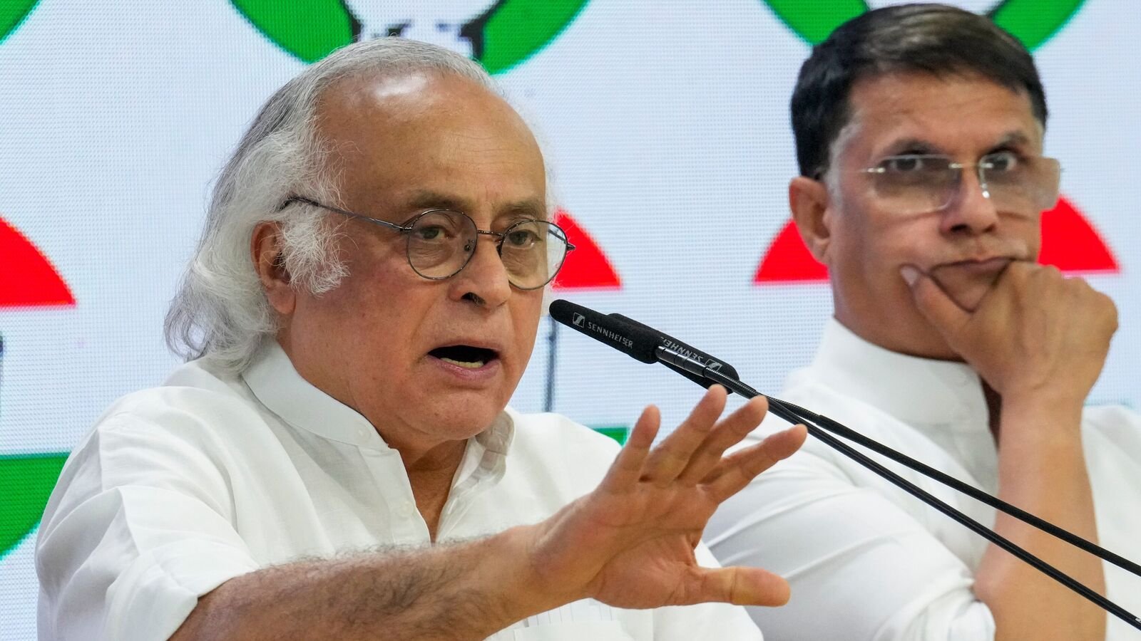New Delhi: Congress leader Jairam Ramesh with party leader Pawan Khera addresses a press conference at the party office, in New Delhi, Wednesday, May 14, 2025. (PTI Photo/Kamal Kishore)(PTI05_14_2025_000315B)