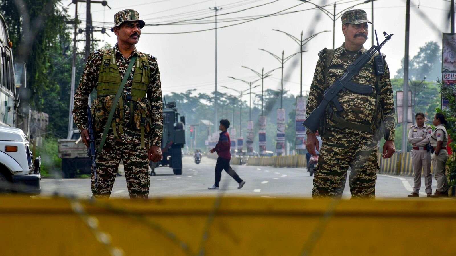Imphal East: Security personnel stand guard on a road, a day after protests erupted over the arrest of a leader of Meitei outfit Arambai Tenggol, in Imphal East district, Manipur, Sunday, June 8, 2025.
