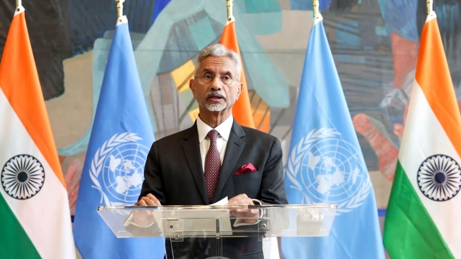 External Affairs Minister S Jaishankar speaks during inauguration of an exhibition titled 'The Human Cost of Terrorism' at the UN headquarters, in New York, Monday, June 30, 2025. (PTI Photo)