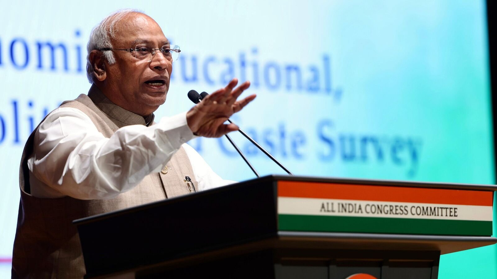 Congress President Mallikarjun Kharge gives a presentation on 'Telangana Socio-Economic Survey-Model and Methodology', at Indira Bhawan, in New Delhi, on July 24, 2025.