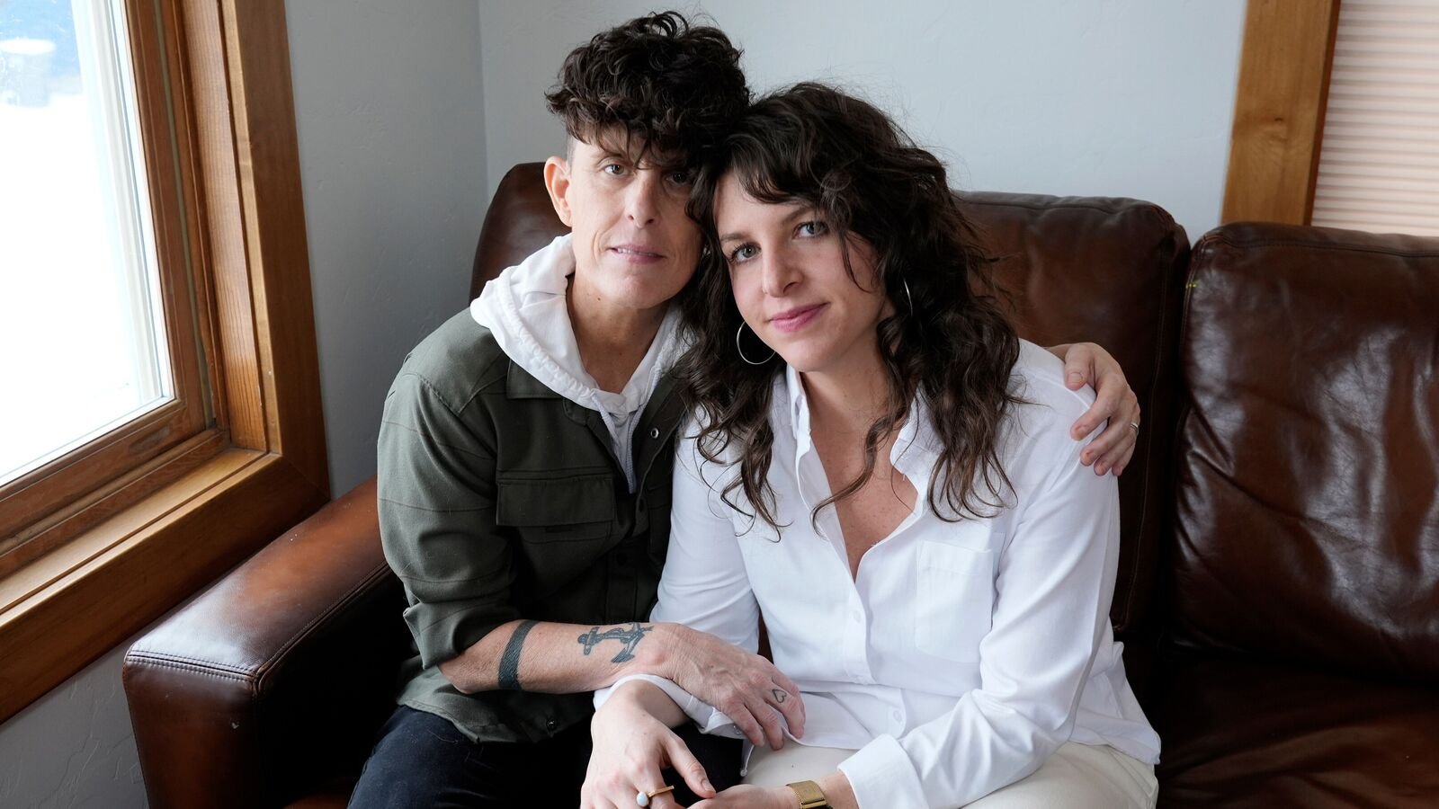 Andrea Gibson, left, and Megan Falley, subjects of the film Come See Me in the Good Light, pose for a portrait during the Sundance Film Festival in Park City, Utah, on January 25, 2025, (AP Photo/Chris Pizzello)