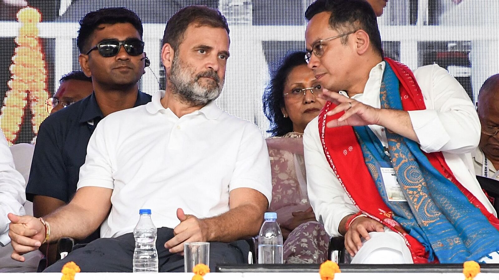 Lok Sabha LoP and Congress MP Rahul Gandhi and party Assam President Gaurav Gogoi in converastion during the Congress Workers' meeting, at Chaygaon in Kamrup on Wednesday.