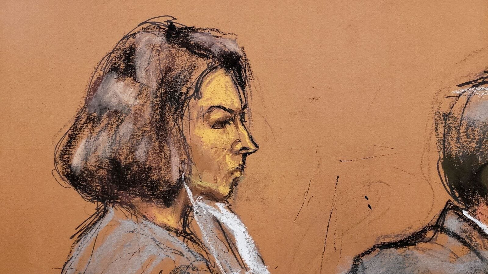 FILE PHOTO: Jeffrey Epstein associate Ghislaine Maxwell sits at the defense table as juror number 50 answers questions from Judge Alison Nathan about his answers on the juror questionaire in a courtroom sketch in New York City, U.S., March 8, 2022. Maxwell was convicted on Dec. 29 on five of the six counts she faced for helping the late financier and convicted sex offender Jeffrey Epstein sexually abuse underage girls. REUTERS/Jane Rosenberg REFILE - CORRECTING SPELLING OF JUDGE'S FIRST NAME/File Photo
