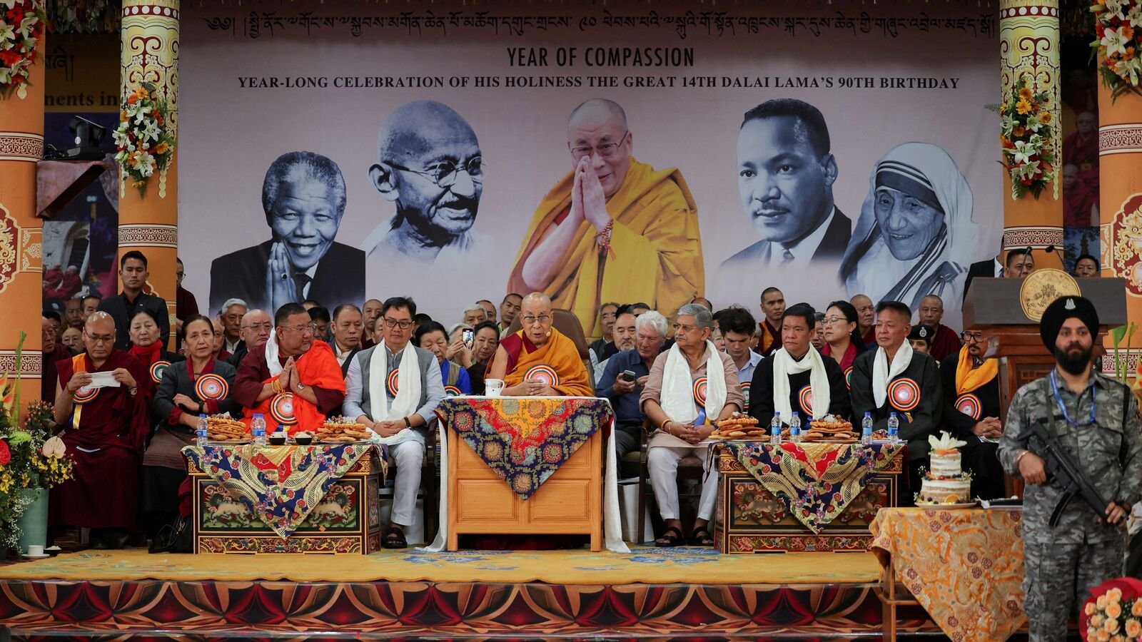 FILE PHOTO: Actor Richard Gere, India's Minister of Parliamentary Affairs, Kiren Rijiju, Chief Minister of Arunachal Pradesh, Pema Khandu, and Sikyong of the Central Tibetan Administration, Penpa Tsering, sit with the 14th Dalai Lama, as he speaks during his 90th birthday celebration at the Dalai Lama Temple complex, in Dharamshala, on July 6, 2025.