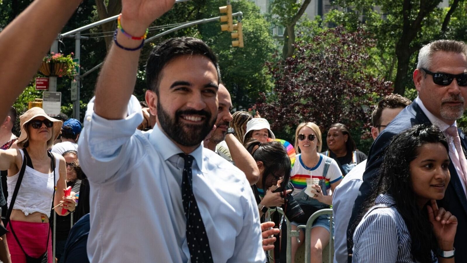 Zohran Mamdani, New York City mayoral candidate, center, greets attendees during the NYC Pride March in New York, US, on Sunday, June 29, 2025. Photographer: Klaus Galiano/Bloomberg