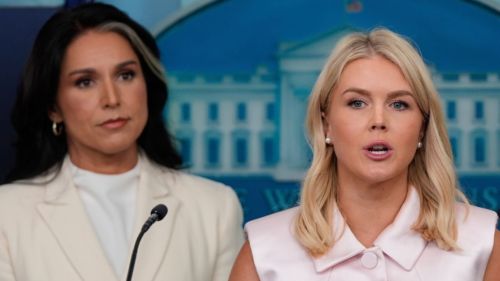 White House press secretary Karoline Leavitt speaks as Director of National Intelligence Tulsi Gabbard listens in the James Brady Press Briefing Room at the White House, Wednesday, July 23, 2025, in Washington. (AP Photo/Julia Demaree Nikhinson)