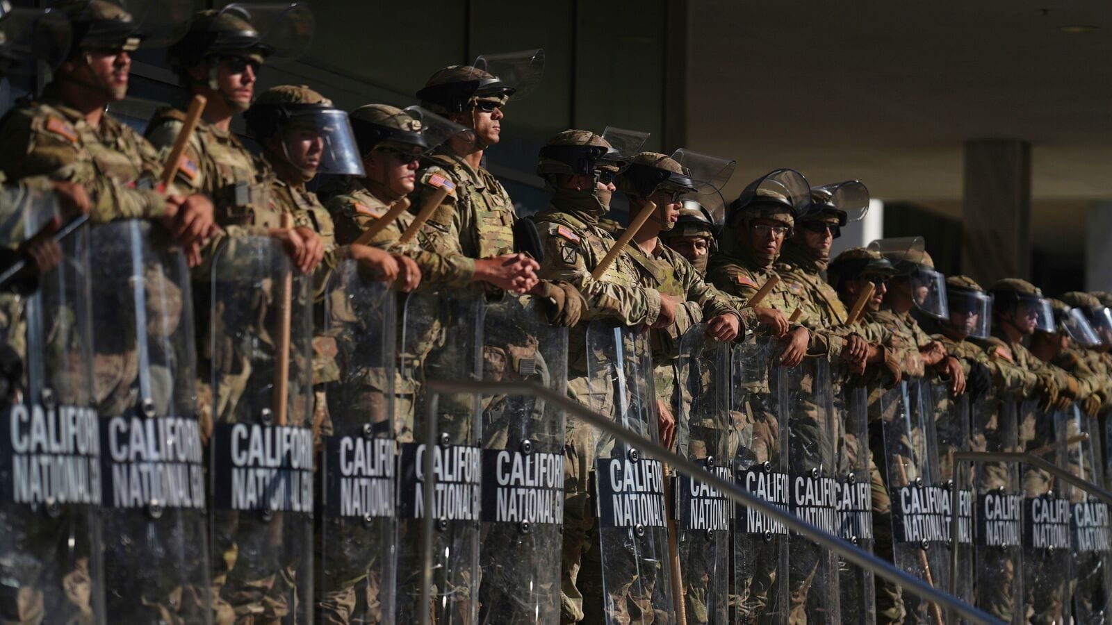 California National Guard are positioned at the Federal Building, June 10, 2025, in downtown Los Angeles. (AP Photo)