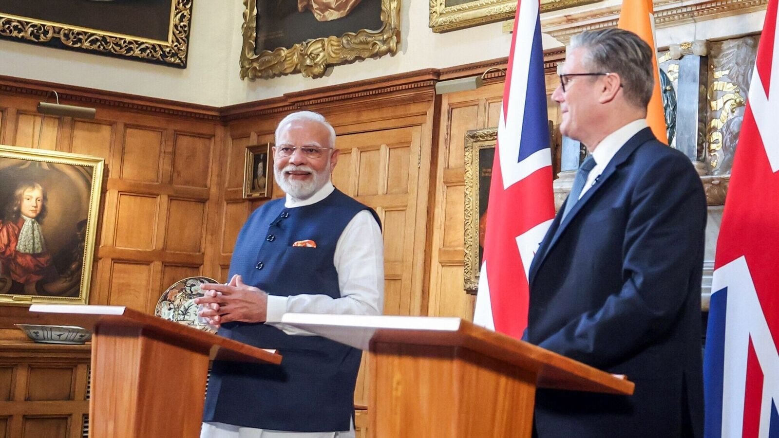 Prime Minister Narendra Modi addresses a joint press statement with Prime Minister of the United Kingdom, Keir Starmer