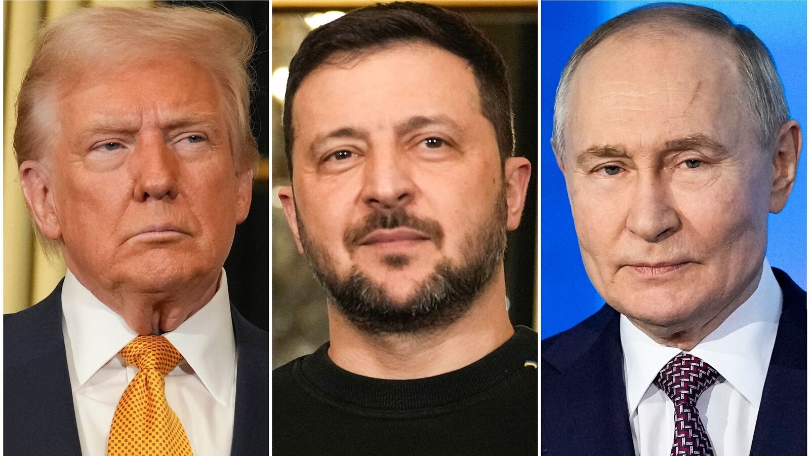 FILE PHOTOS: President Donald Trump, left, and Ukraine's President Volodymyr Zelensky, center, are seen at the Elysee Palace, Dec. 7, 2024 in Paris, and President Vladimir Putin, right, addresses a Technology Forum in Moscow on Feb. 21, 2025.