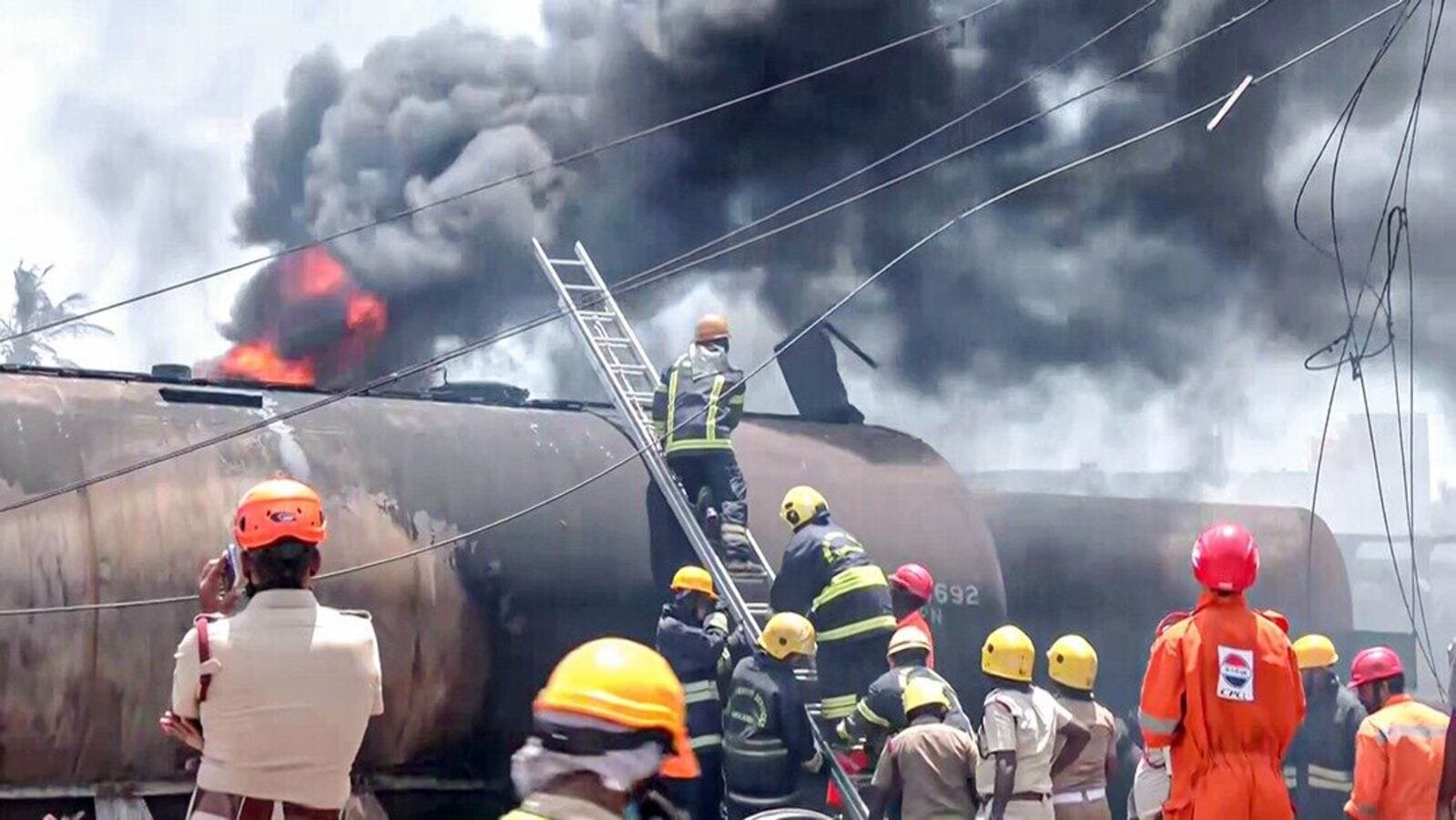 Fire tenders in action after a freight train carrying diesel caught fire near Tiruvallur