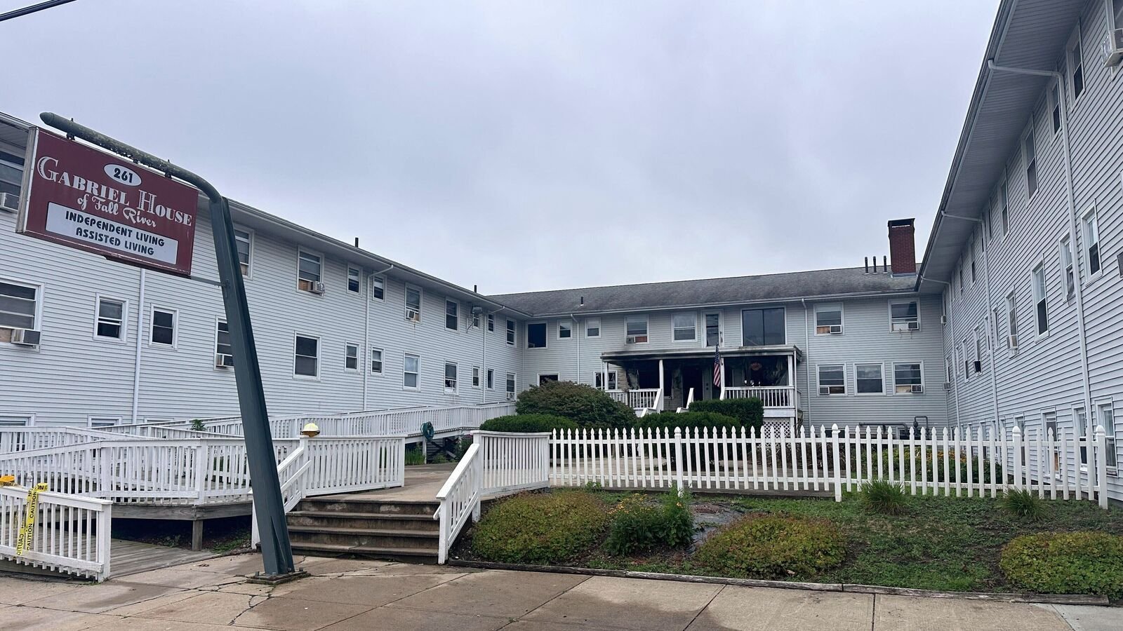 The Gabriel House assisted living facility is shown after a fire in Falls River, Mass., Monday, July 14, 2025. (AP Photo/Michael Casey)