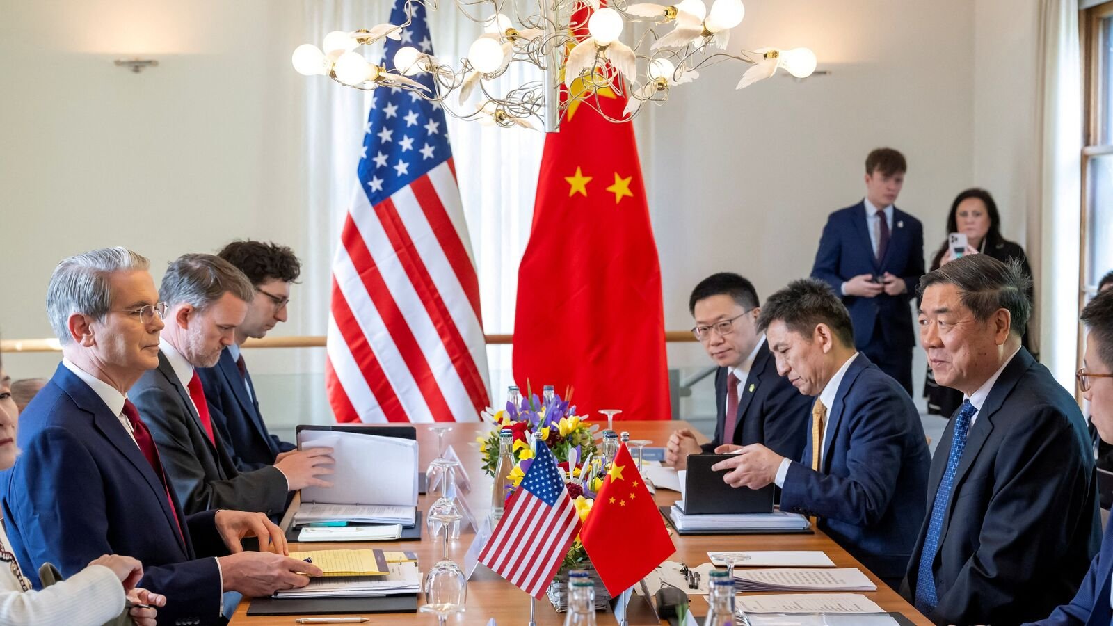 FILE PHOTO: U.S. Secretary of the Treasury Scott Bessent, U.S. Trade Representative Jamieson Greer, China's International Trade Representative and Vice Minister of Commerce Li Chenggang, and Chinese Vice Premier He Lifeng, prepare to discuss on the day of a bilateral meeting between the U.S. and China, in Geneva, Switzerland, May 10, 2025. KEYSTONE/EDA/Martial Trezzini/Handout via REUTERS