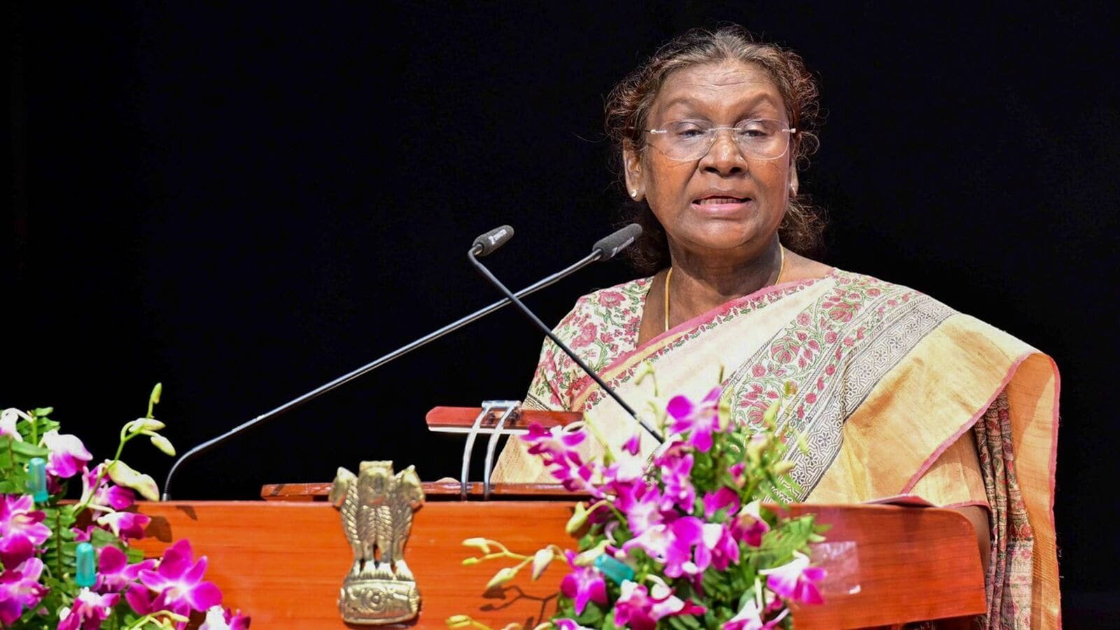 FILE PHOTO: President Droupadi Murmu addresses a gathering during the inauguration of Mahayogi Guru Gorakhnath AYUSH University, in Gorakhpur, Uttar Pradesh on July 1.