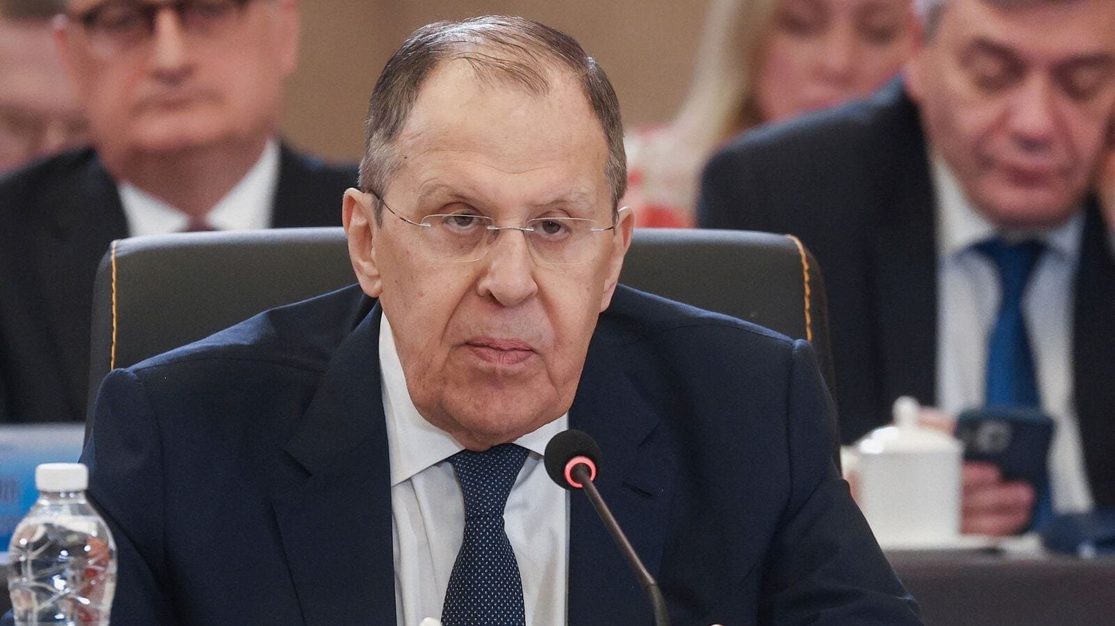 In this photo released by Russian Foreign Ministry Press Service on Tuesday, July 15, 2025, Russian Foreign Minister Sergey Lavrov speaks at the meeting on the Council of Foreign Ministers of the Shanghai Cooperation Organization (SCO), in Tianjin, China. (Russian Foreign Ministry Press Service via AP)