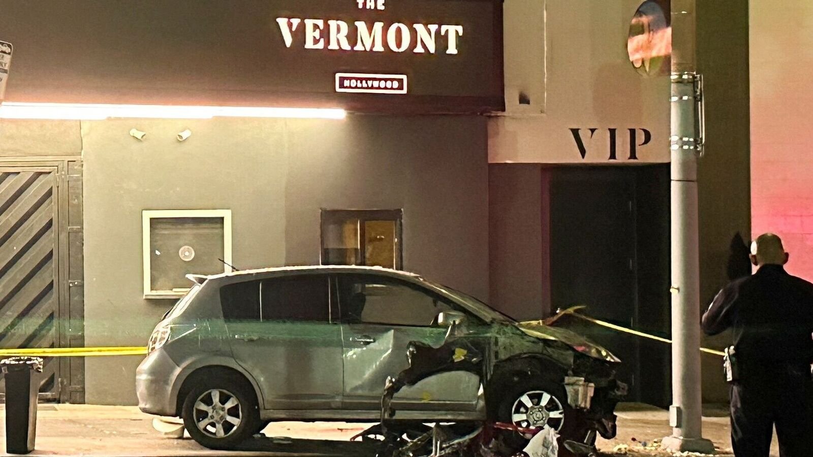 A vehicle that plunged into a crowd outside a nightclub, injuring dozens, is seen on Santa Monica Boulevard in the East Hollywood neighborhood of Los Angeles, California, U.S., July 19