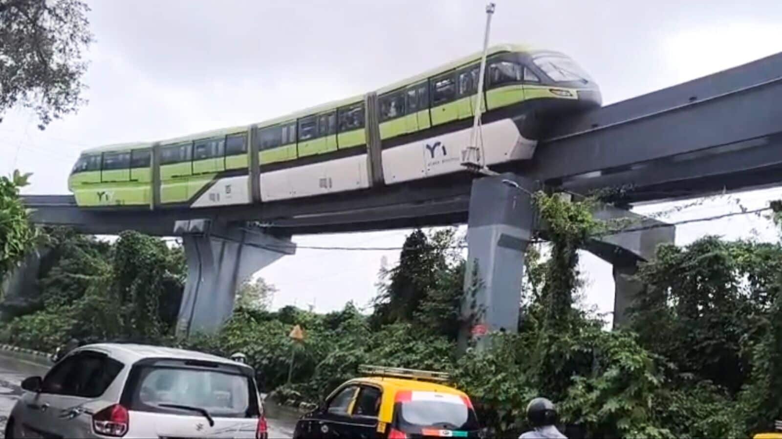 The site after a Monorail train came to a halt between Mysore Colony and Bhakti Park stations amid rainfall, in Mumbai