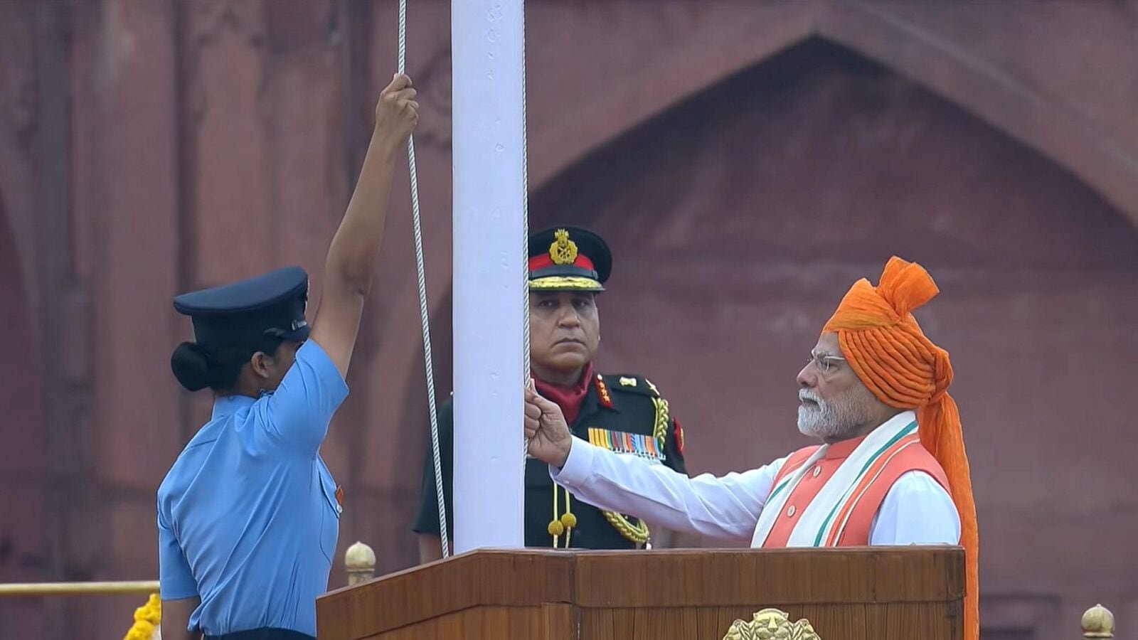 Prime Minister Narendra Modi hoists the national flag during the 79th Independence Day celebration at the Red Fort, in New Delhi, Friday, Aug. 15, 2025.