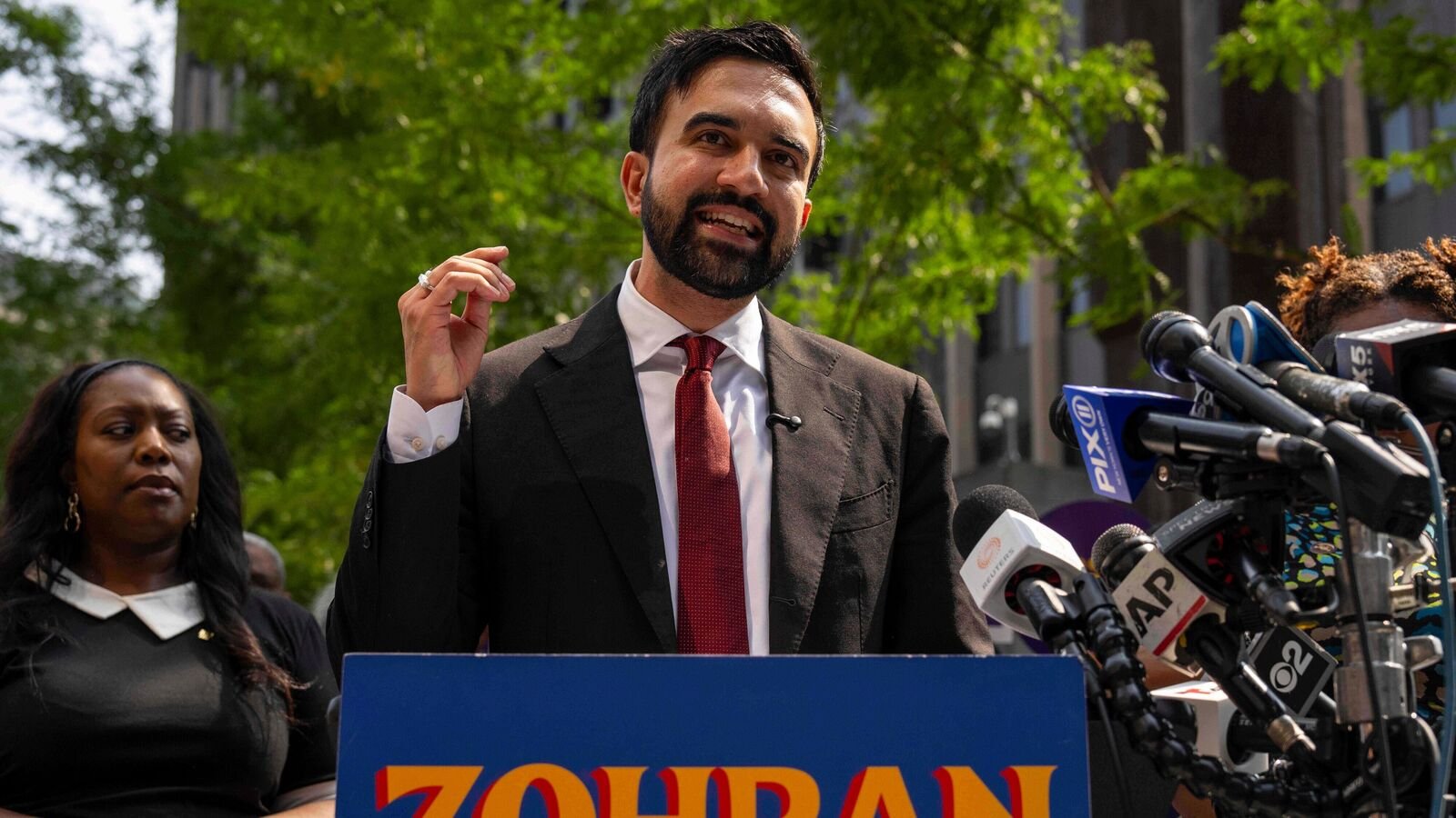 New York City Democratic mayoral candidate Zohran Mamdani speaks during a press conference outside the Jacob K. Javits federal building Thursday, Aug. 7, 2025, in New York. (AP Photo/Yuki Iwamura)
