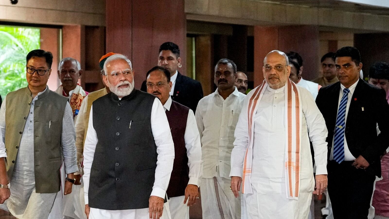 New Delhi: Prime Minister Narendra Modi with Defence Minister Rajnath Singh, Union Home Minister Amit Shah, Union Minister and BJP National President J.P. Nadda and others leaves after attending the National Democratic Alliance (NDA) parliamentary party meeting, in New Delhi, Tuesday, Aug. 5, 2025. (PTI Photo/Ravi Choudhary)(PTI08_05_2025_000062B)