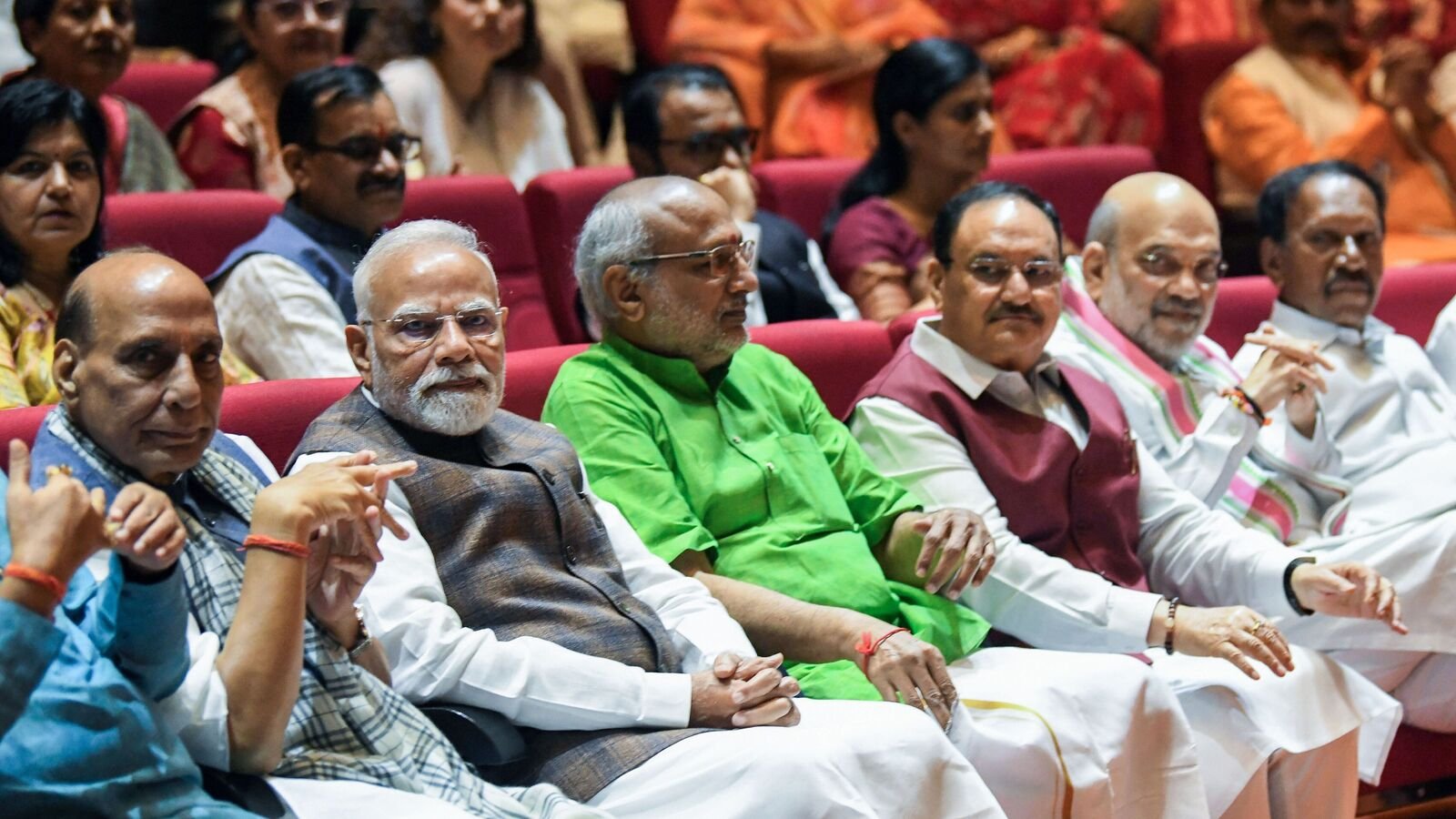 New Delhi, Aug 19 (ANI): Prime Minister Narendra Modi, National Democratic Alliance (NDA) Vice-Presidential candidate, Maharashtra Governor C.P. Radhakrishnan, Defence Minister Rajnath Singh, BJP National President JP Nadda, Health Minister Amit Shah and other dignitaries attend the NDA Parliamentary Party Meeting, in New Delhi on Tuesday. (ANI Photo/Rahul Singh)
