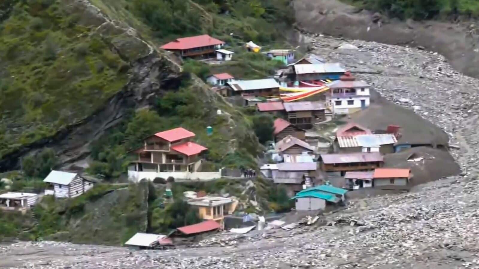 Uttarkashi Cloudburst: Houses buried under debris following flash floods triggered by a cloudburst, in Uttarkashi district, Uttarakhand.