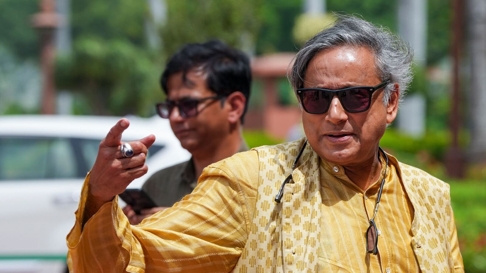 New Delhi: Congress MP Shashi Tharoor arrives to attend the Monsoon session of Parliament, in New Delhi, Friday, Aug. 8, 2025. (PTI Photo/Atul Yadav)(PTI08_08_2025_000059A)