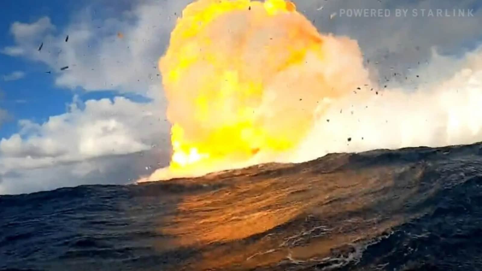 Fiery blaze over Indian Ocean as Elon Musk’s SpaceX Starship suffers rear-flap burn on splashdown – Watch