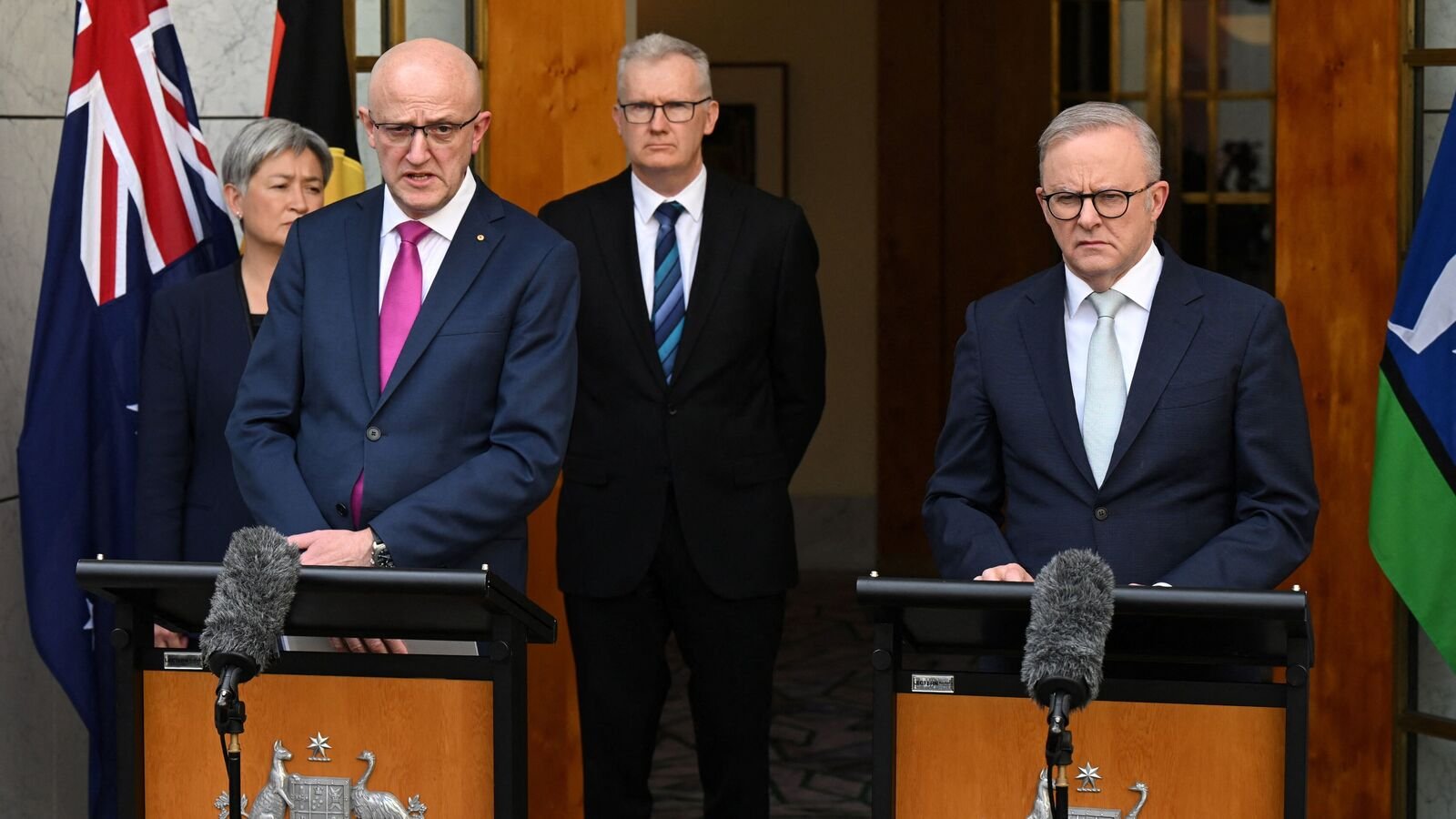 Australian Prime Minister Anthony Albanese and Director-General of ASIO Mike Burgess speak to the media during a press conference at Parliament House in Canberra, Australia, August 26, 2025.   AAP/Lukas Coch via REUTERS