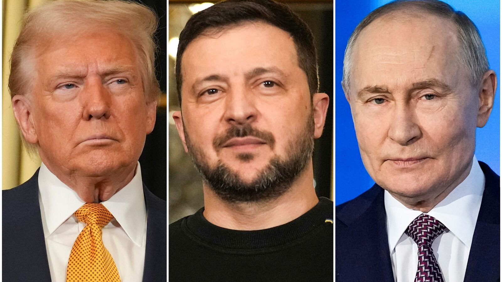 The Kremlin dismissed reports of a Trump-Zelensky-Putin summit, stressing that only a bilateral meeting with Trump is being planned. (AP Photo/Aurelien Morissard, left and center, Pavel Bednyakov, right, File)