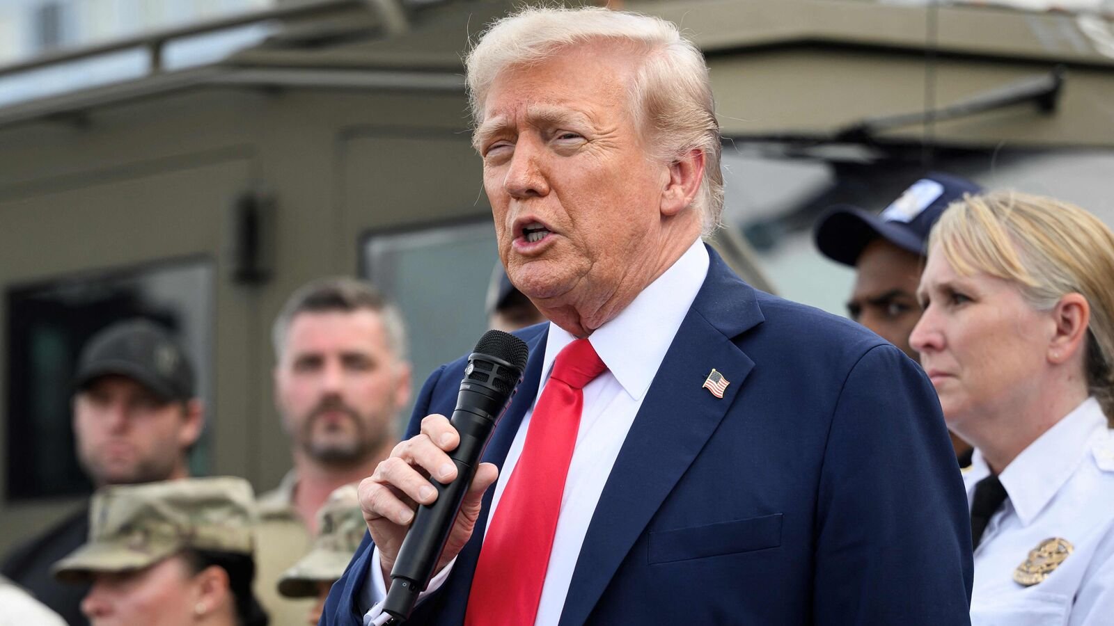 US President Donald Trump speaks while visiting federal troops at the US Park Police Anacostia operations facility in Washington, DC, on August 21, 2025.