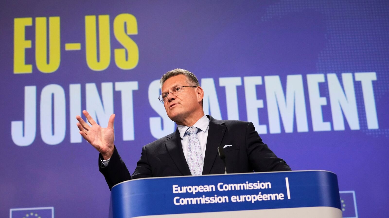 European Commissioner for Trade and Economic Security, Maros Sefcovic, speaks during a media conference at EU headquarters in Brussels, Belgium on August 21, 2025. He announced the joint EU-US statement on the new trade deal.