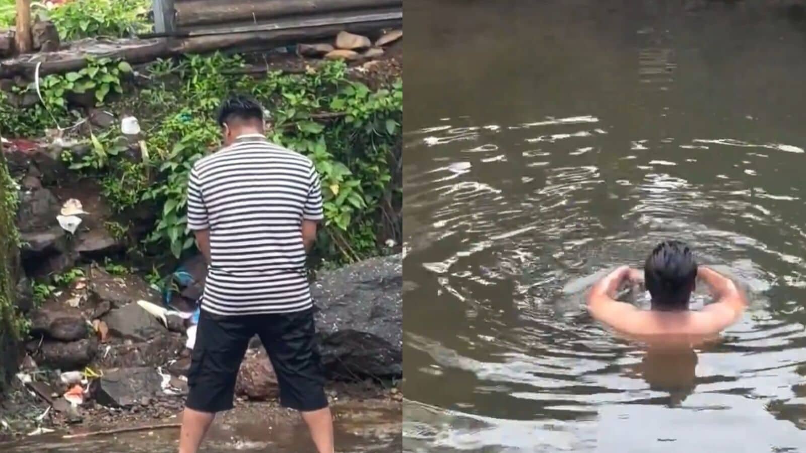 In the now-viral video, a man can be seen enjoying in a narrow stream close to the stairs of the dam.