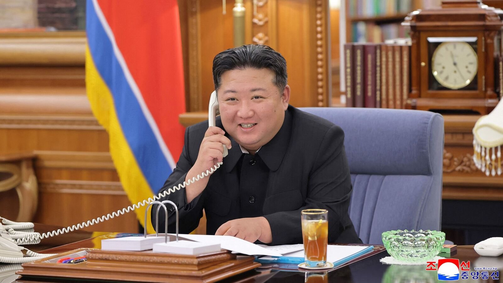This picture taken on August 12, 2025 and released by North Korea's official Korean Central News Agency (KCNA) on August 13, 2025 shows North Korean leader Kim Jong Un holding a telephone conversation with Russian President Vladimir Putin at an undisclosed location in North Korea. Russian President Vladimir Putin and North Korea's leader Kim Jong Un have vowed to strengthen cooperation, days ahead of Putin's summit in Alaska with Donald Trump, Pyongyang's state media reported on August 13. (Photo by KCNA VIA KNS / AFP)