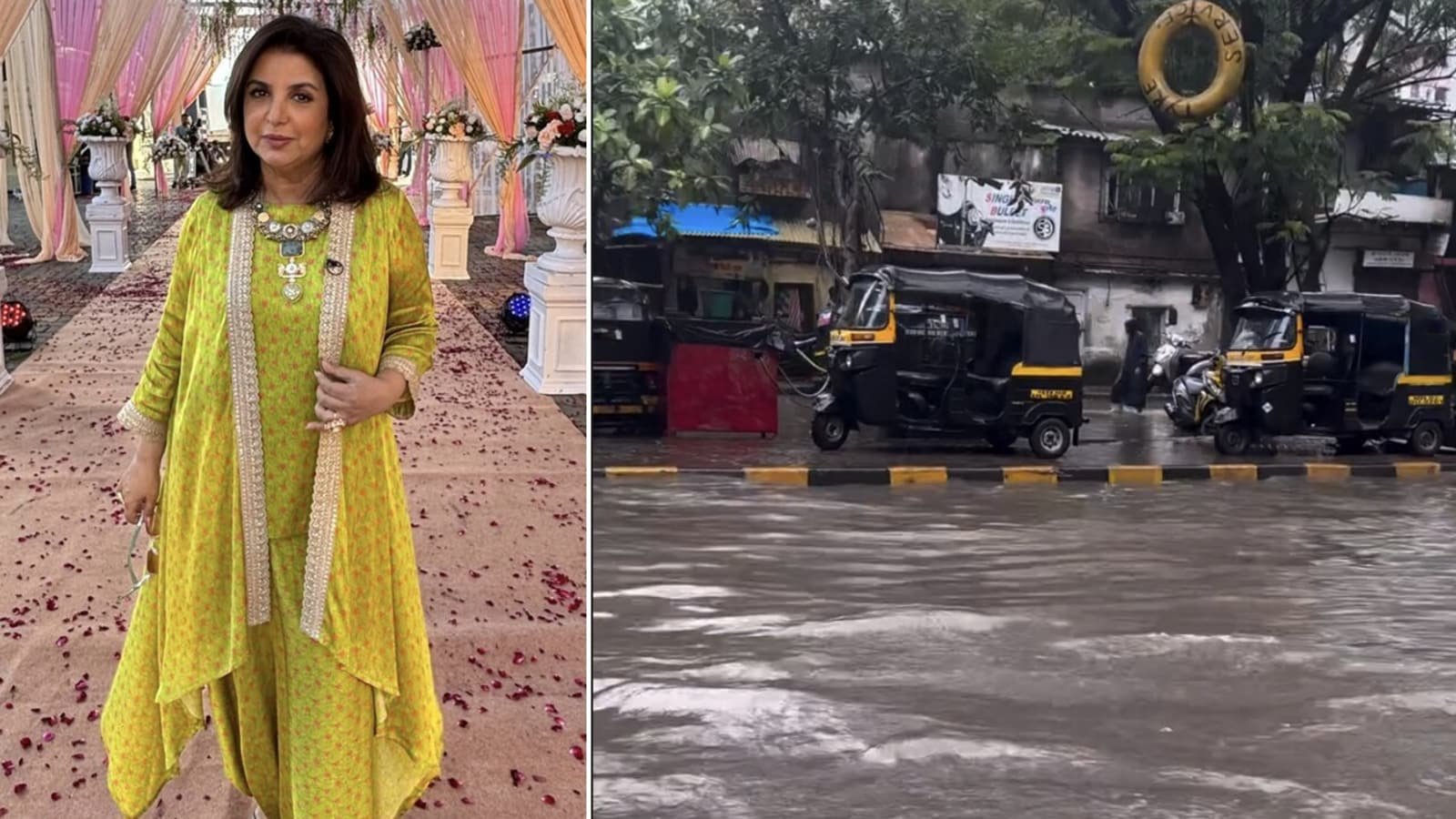 L-R: Farah Khan, waterlogged Mumbai road