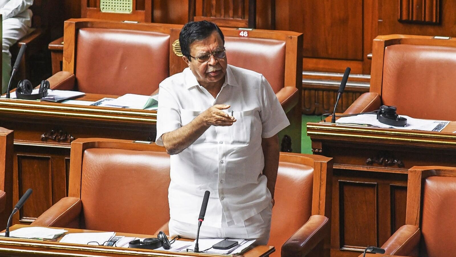 Karnataka Cooperation Minister K N Rajanna speaks during the Monsoon session of Karnataka Assembly, in Bengaluru, Karnataka, Monday, Aug. 11, 2025. Rajanna was on Monday removed from the Council of Ministers after Chief Minister Siddaramaiah recommended his sacking to Governor Thaawarchand Gehlot.