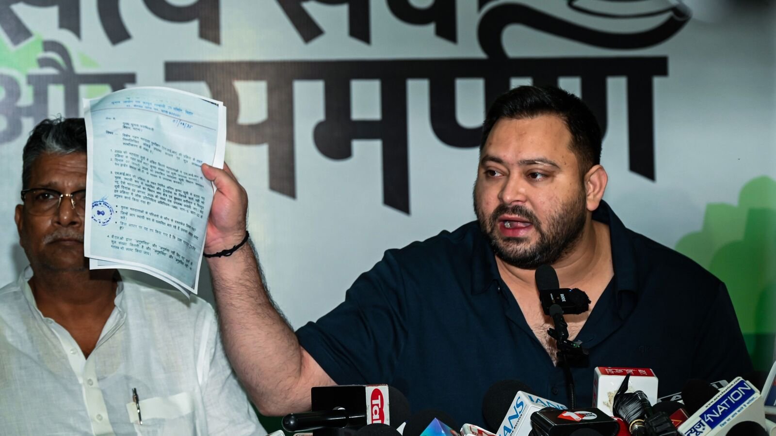 Tejashwi Yadav, Leader of Opposition in Bihar Assembly, addressing a press conference as EC releases the draft voters list, in Patna on Saturday. (ANI Photo)
