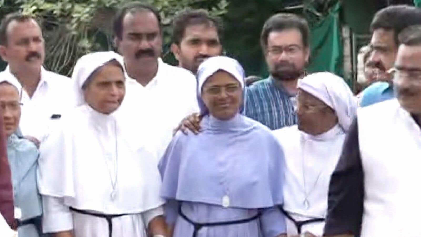 Two nuns from Kerala, who were arrested on the charges of human trafficking and forced religious conversion, being welcomed after they were released from Durg Central Jail after a special court granted them bail, in Durg, Chhattisgarh, Saturday, Aug. 2, 2025. (PTI Photo)