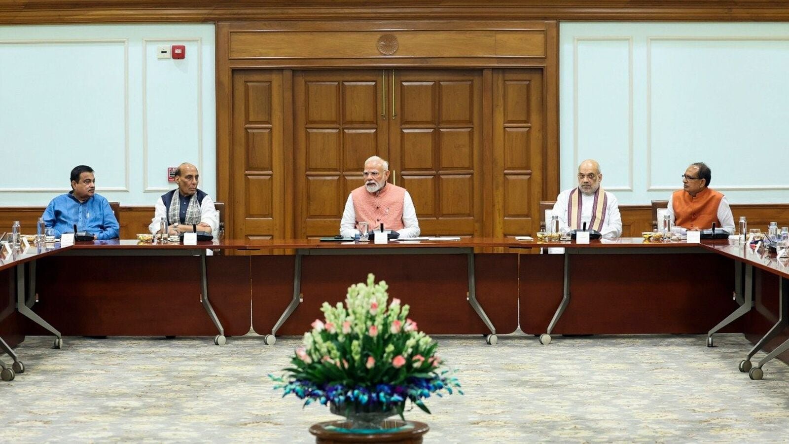 Prime Minister Narendra Modi with Defence Minister Rajnath Singh, Union Home Minister Amit Shah, Union Ministers Nitin Gadkari, Shivraj Singh Chouhan and others during a meeting to discuss the roadmap for Next-Generation Reforms, in New Delhi.