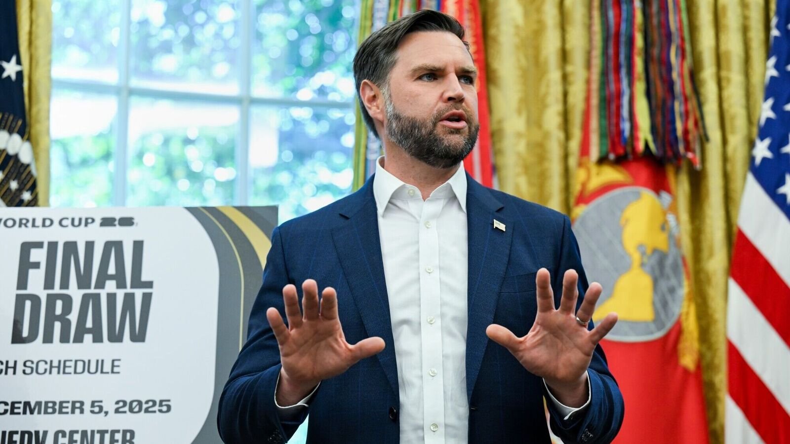 US Vice President JD Vance in the Oval Office of the White House in Washington, DC, US, on Friday, Aug. 22, 2025.