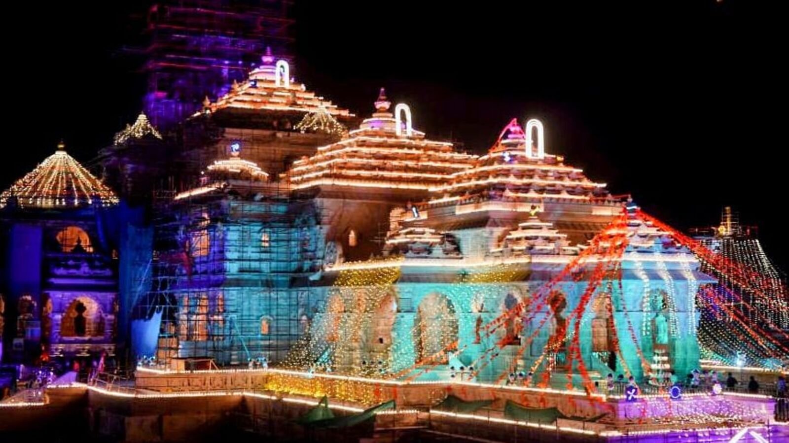 A night view of Shree Ram Mandir draped in colourful lights