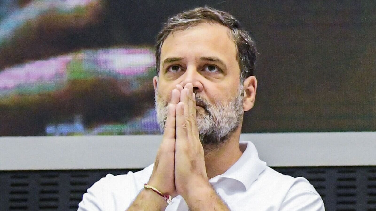 Congress leader Rahul Gandhi greets the gathering during the Annual Legal Conclave-2025, organised by AICC Law, Human Rights and RTI Department at Vigyan Bhawan, in New Delhi on Saturday. (ANI Photo/ Shrikant Singh)