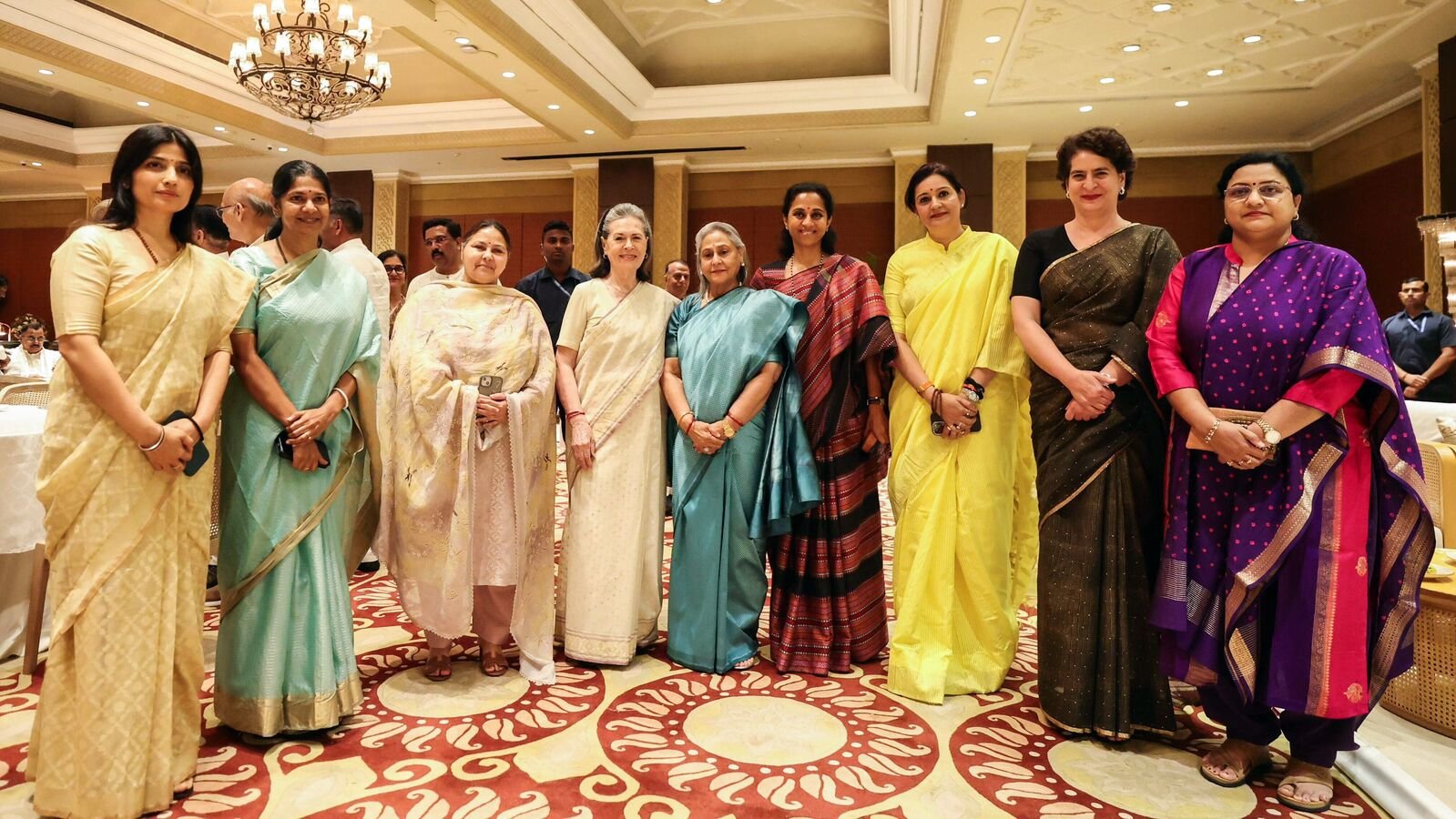 New Delhi, Aug 11 (ANI): Congress Parliamentary Party Chairperson Sonia Gandhi, party MPs Priyanka Gandhi, Shiv Sena (UBT) MP Priyanka Chaturvedi, NCP-SCP MP Supriya Sule, RJD MP Misa Bharti, SP MPs Jaya Bachchan, Dimple Yadav, DMK MP Kanimozhi Karunanidhi during a dinner hosted for opposition MPs by Congress MP Mallikarjun Kharge, in New Delhi on Monday. (AICC/ANI Photo)