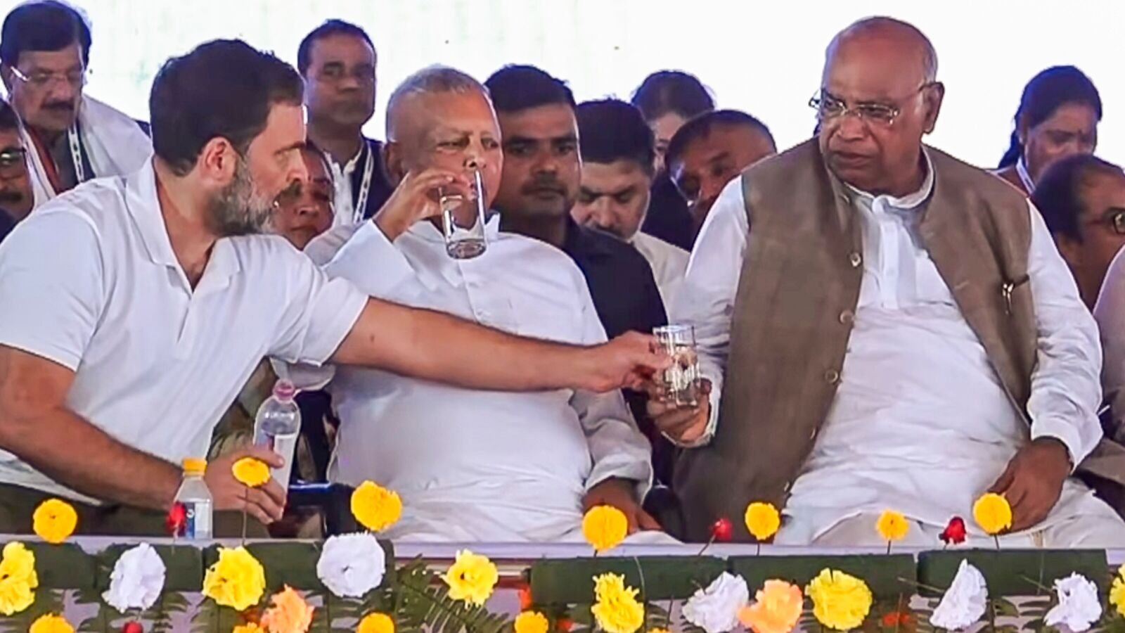 Congress President Mallikarjun Kharge, LoP in Lok Sabha Rahul Gandhi and RJD Chief Lalu Prasad Yadav during the 'Voter Adhikar Yatra', in Sasaram.