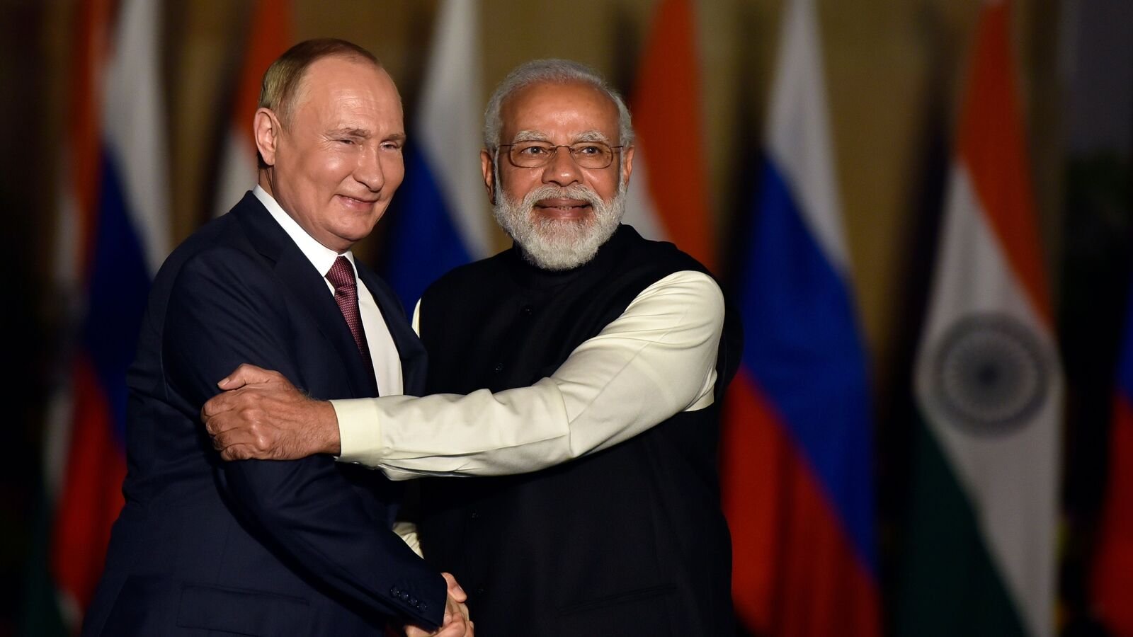 Indian Prime Minister Narendra Modi with Russian President Vladimir Putin in New Delhi.