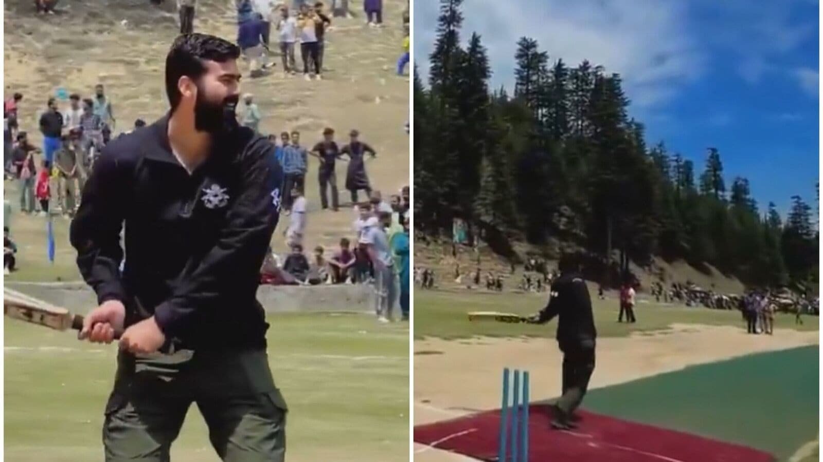 The clip shows an officer from the 44 Rashtriya Rifles (RR) batting against a fast delivery on a makeshift field.