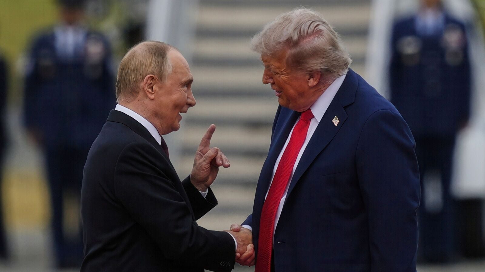 President Donald Trump greets Russia's President Vladimir Putin Friday, Aug. 15, 2025, at Joint Base Elmendorf-Richardson, Alaska. AP/PTI