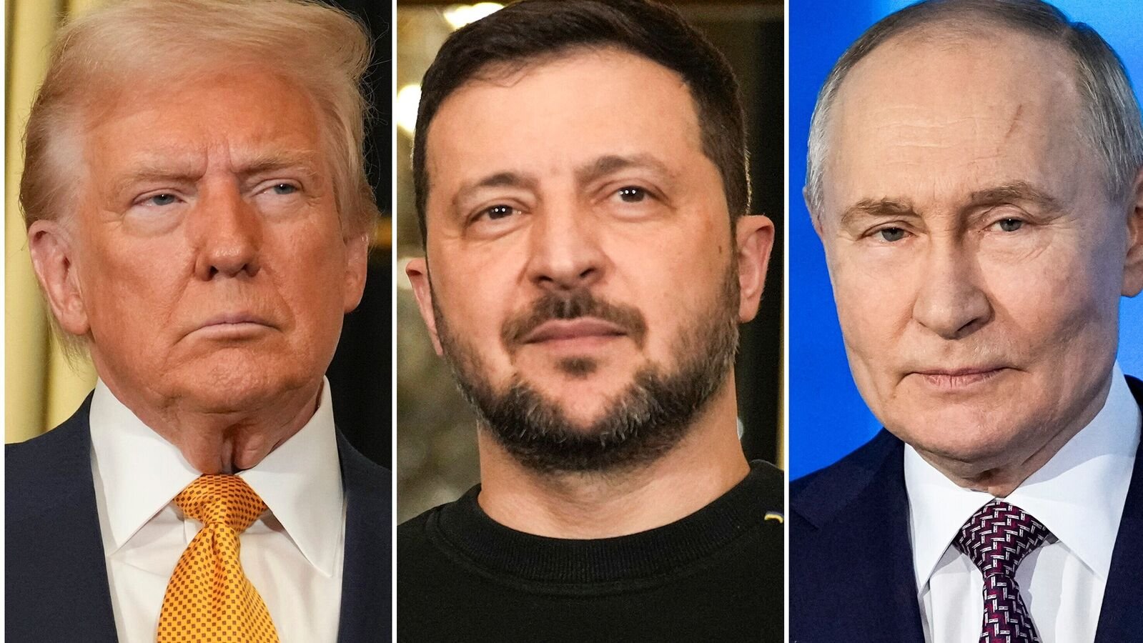 US President Donald Trump may hold separate meetings with Russia's Vladimir Putin and Ukraine's Volodymyr Zelensky as part of renewed efforts to end the Ukraine war. (AP Photo/Aurelien Morissard, left and center, Pavel Bednyakov, right, File)