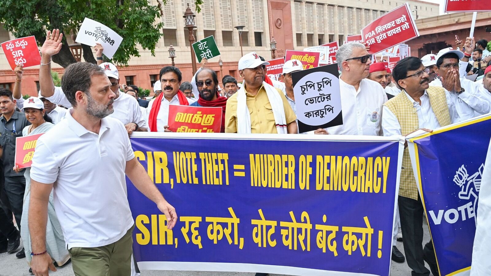 Lok Sabha LoP and Congress MP Rahul Gandhi, TMC MP Derek O'Brien, Shiv Sena (UBT) MP Sanjay Raut, Samajwadi Party chief and MP Akhilesh Yadav and other INDIA bloc leaders march from Parliament’s Makar Dwar to the Election Commission, protesting the Special Intensive Revision of Bihar’s electoral rolls and alleging voter fraud in the 2024 Lok Sabha polls.