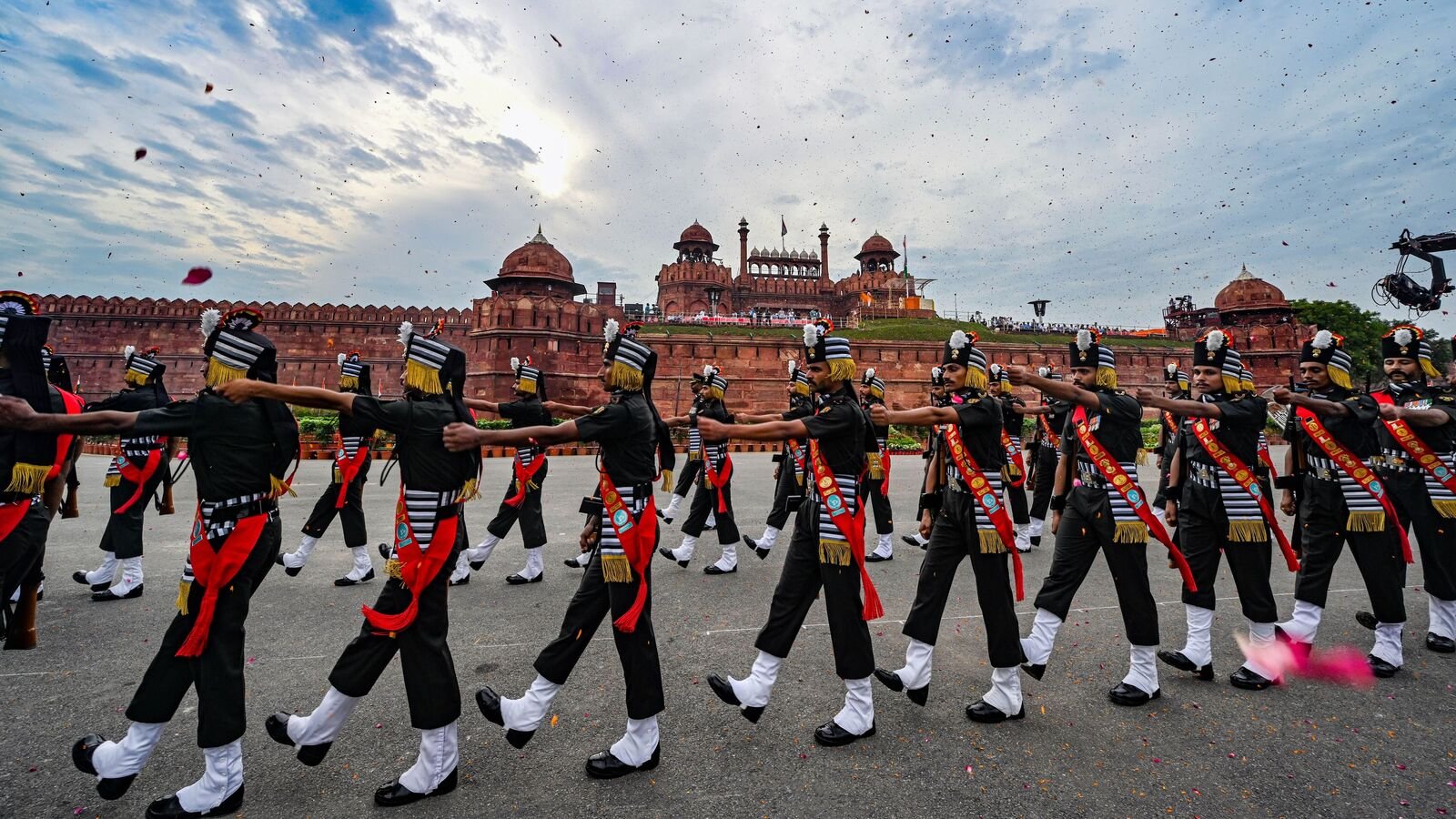 Defence personnel take part in the full dress rehearsal for the 79th Independence Day celebrations at the Red Fort complex in New Delhi on Wednesday. (Photo: Raj K Raj/Hindustan Times)